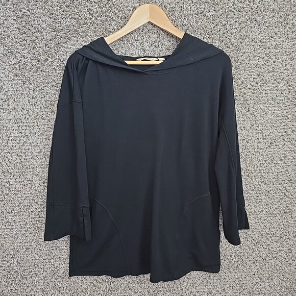 Soft‎ Surroundings Sweater Womens Petite Medium PM Black Hooded Pullover Pockets - Picture 1 of 7